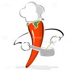 Red Pepper Cartoon with Chef Hat, Pot and Spoon